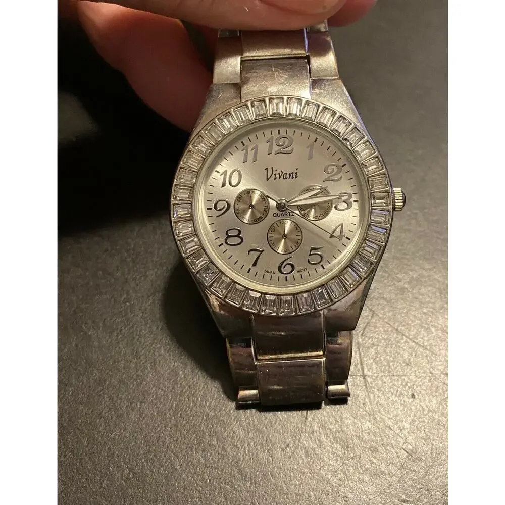 Women's Silver Tone Vivani Watch, Crystal Accented Bezel, Adjustable Band